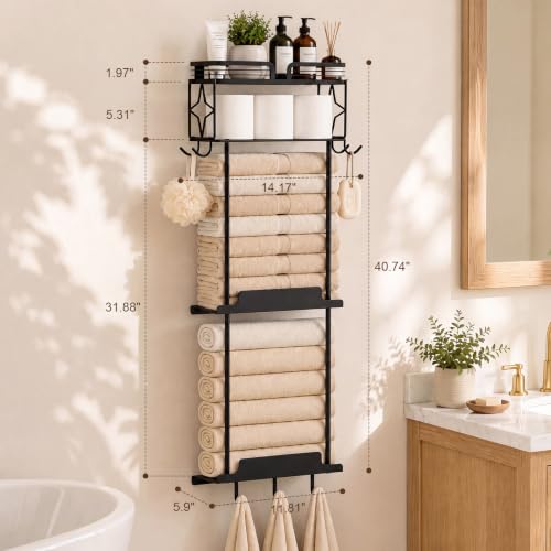 Towel Racks for Bathroom 39.9 Inch Wall Mounted Towel Rack with Shelf, Bathroom Towel Storage Holds 6 Large Rolled Towels, Metal Wall Towel Rack, Black - size: 39.9inch