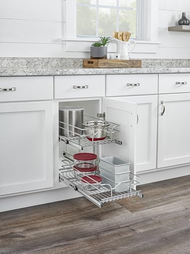 Rev-A-Shelf Pullout Organizer for Cabinets, Min Opening Width of 15" | Two-Tier Steel Shelf for Kitchen or Vanity Cabinet Organization, Heavy Gauge Wire Slide Out Storage Basket, 5WB2-1522CR-1 - size: 15"W x 22"D, style: Two Tier