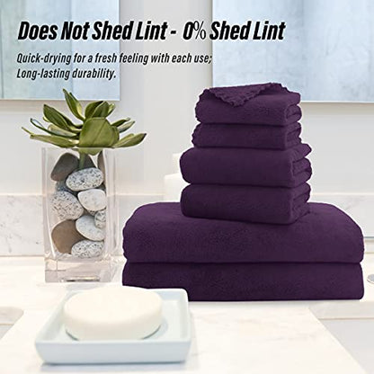 MOONQUEEN Ultra Soft Microfiber Coral Velvet Towel Set - Quick Drying - 2 Bath Towels, 2 Hand Towels, 2 Washcloths - Plum, 6 Pcs - color: Plum