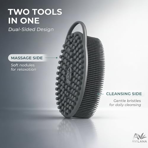 Avilana Premium Silicone Body Scrubber - Trusted Since 2017 - SGS Certified Food Grade Dual Sided Bath Brush, Quick-Dry Exfoliating Loofah Alternative, Massage Brush Sensitive Skin Women Men - color: Dark Gray, size: Massage