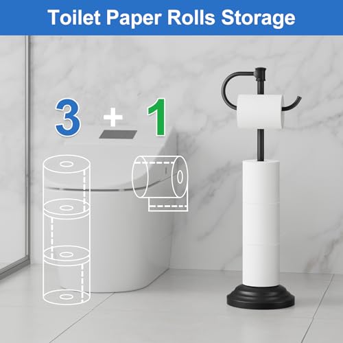 RUMOSE Toilet Paper Holder Stand for Floor, Matte Black | Bathroom Free Standing Toilet Tissue Roll Holder with Storage, Adjustable 17-25 Inch, Rustproof, SUS304 Stainless Steel - color: Matte Black
