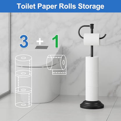 RUMOSE Toilet Paper Holder Stand for Floor, Matte Black | Bathroom Free Standing Toilet Tissue Roll Holder with Storage, Adjustable 17-25 Inch, Rustproof, SUS304 Stainless Steel - color: Matte Black