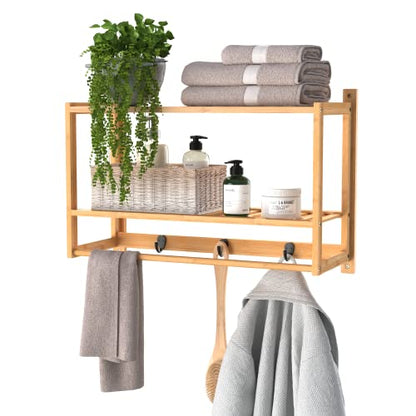 ClosetMaid Bamboo Wall Shelf with Towel Bar, 3 Hooks, Wall Mount Storage Shelves, 2 Tier, Organizer Rack, Natural Finish - style: 2-Tier