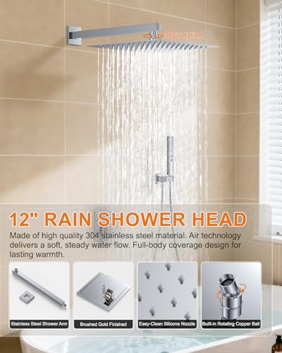 Chrome Shower System with Tub Spout, Wall Mounted Bathtub Shower Faucet Set, 12" Rainfall Shower Head and Handheld Shower Combo, High Pressure Shower Fixtures Set with Rough-in Valve - color: Polished Chrome, style: 12" Wall Mounted Shower System with Tub