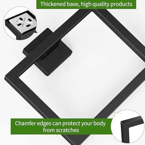 FLE Hand Towel Ring, Towel Rings for Bathroom Wall, 2 Pack, Black | Screw Mount Hardware, Stainless Steel Towel Hanger, Modern Square Hardware - color: Black