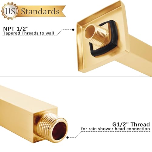 Enga Brass 12 Inch Ceiling Mount Shower Arm and Flange, Square Rain Shower Head Arm, Brushed Gold - color: Brushed Gold, style: 12 Inch