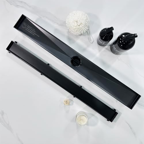 Neodrain 24" Shiny Black Linear Shower Drain,2-in-1 Flat& Tile Insert Cover | 304 Stainless Steel,Fast Drainage, Durable,Rectangle Shower Floor Drain with Adjustable Feet,Hair Strainer,Fits Bathrooms - color: Shiny Black, size: 24 In