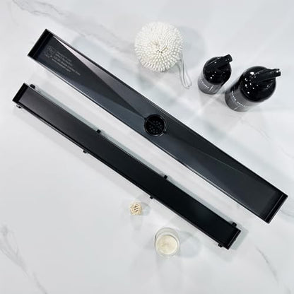 Neodrain 24" Shiny Black Linear Shower Drain,2-in-1 Flat& Tile Insert Cover | 304 Stainless Steel,Fast Drainage, Durable,Rectangle Shower Floor Drain with Adjustable Feet,Hair Strainer,Fits Bathrooms - color: Shiny Black, size: 24 In