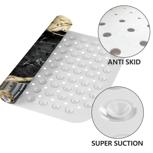 LNOND Marble Bath Tub Mat Non Slip, Extra Long 40 X 16 Inch Anti Slip Mat for Bathtub, Black Gold Luxury Marble Shower Mat with Drain Holes and Suction Cups, Machine Washable - color: Blue White Gold