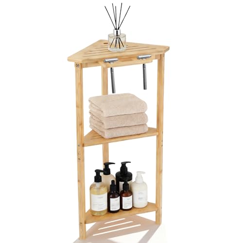 Natural Bamboo Corner Shower Stand, 3-Tier Wooden Standing Shower Organizer, Waterproof Space-Saving Bathroom Corner Shelf for Shower, Kitchen or Living Room