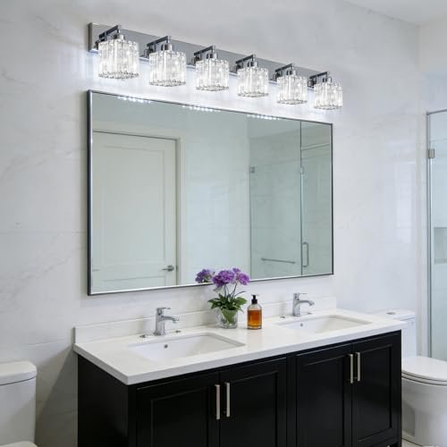 Brushed Chrome Crystal Bathroom Vanity Light, 6-Light Modern Bathroom Lighting Fixtures Over Mirror,Chrome Wall Sconce Light Fixtures with Square Shade - color: Chrome-Square Shade, size: 6-LIGHT