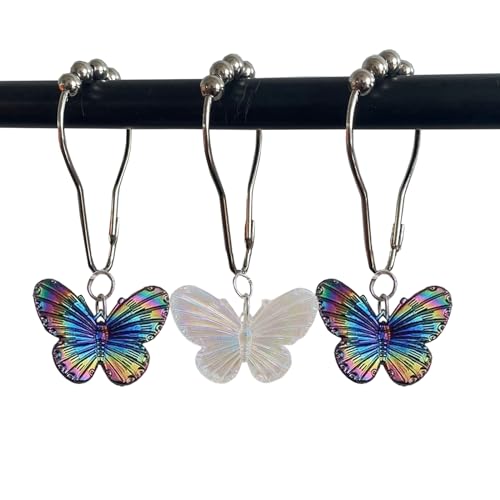 Butterfly Shower Curtain Hooks Rings, Insect Garden Nature Bathroom Decor | 12PCS,Transparent Colorful Resin Butterfly Pendants Accessories ,Rustproof Metal - color: Transparent Colorful