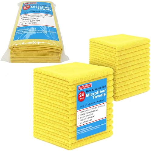 Blue Horizon Microfiber Cleaning Towels, Pack of 24, Ultra Soft Plush Washcloth, All Purpose Premium Microfiber Detailing Cleaning Cloths Reusable Shop Towels (16" x 16", Yellow) - color: Yellow