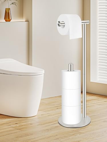 Toilet Paper Holder Stand, Rustproof Modern Free Standing Bathroom Tissue Holder Storage for 4 Rolls, Stainless Steel Anti-Slip Base with Reserve, Brushed Nickel, YOFOVI
