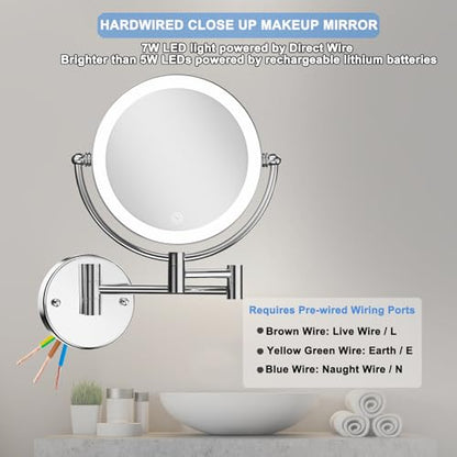 Magnifying Makeup Mirror Wall Mounted with Light, 1X/10X, Hardwired | Double Sided, Touch Switch 3 Color Lighting, Adjustable Brightness, Bathroom Extended Swing Arm Vanity Shaving, Brass Chrome - color: Chrome