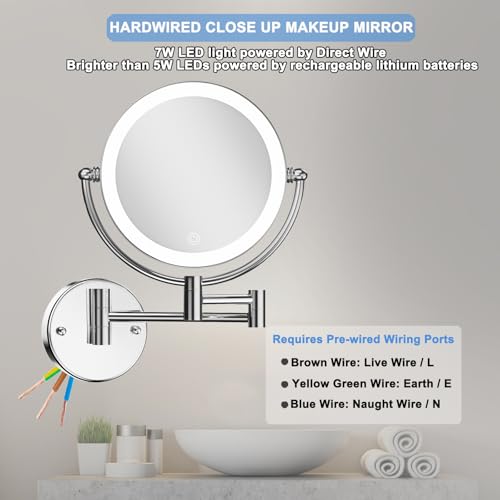 Magnifying Makeup Mirror Wall Mounted with Light, 1X/10X, Hardwired | Double Sided, Touch Switch 3 Color Lighting, Adjustable Brightness, Bathroom Extended Swing Arm Vanity Shaving, Brass Chrome - color: Chrome