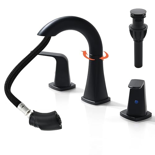 Pull Down Bathroom Faucet Black- Matte Black Sink Faucet with Sprayer, Bathroom Pull Out Faucets, 2-Handles Widespread Vanity Faucets 3 Hole 8 Inch 360 Swivel Spout with Pop-up Drain & Lines - color: Black