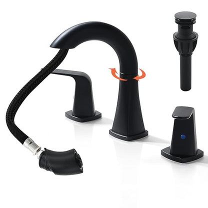 Pull Down Bathroom Faucet Black- Matte Black Sink Faucet with Sprayer, Bathroom Pull Out Faucets, 2-Handles Widespread Vanity Faucets 3 Hole 8 Inch 360 Swivel Spout with Pop-up Drain & Lines - color: Black