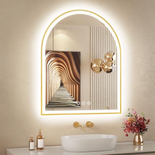 24"x30" Arched LED Lighted Bathroom Mirror with Lights | Gold Aluminum Frame, Fogless, Dimmable, Shatterproof, Touch Sensor, 3 Color Changing - color: Brushed Gold, size: 30"L x 24"W