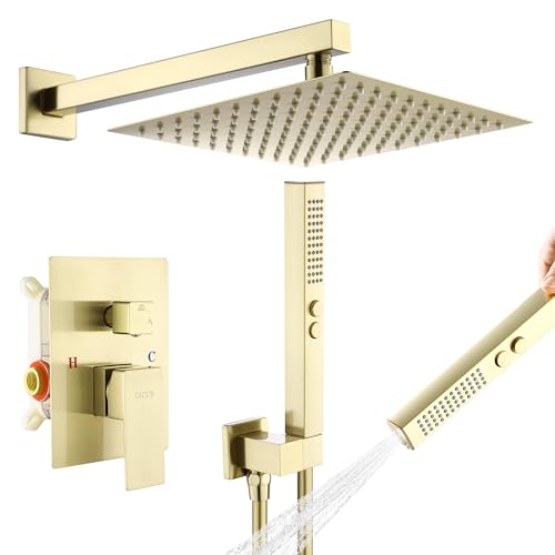 Rain Shower System, 10''Square Rain Head,2-Spray Handheld, Gold | 2 Spray Functions,Anti-Tangle Explosion-proof PVD Hose,Balance Temp Valve,Rust-proof & Scratch-resistant - color: Brushed Gold, size: 10 Inch