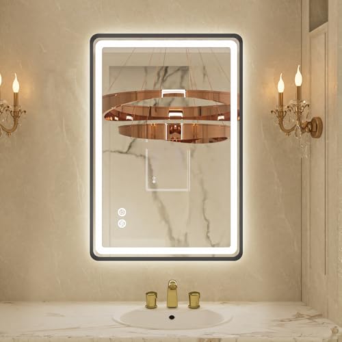 24x32 Inch LED Bathroom Mirror with Lights, Black Framed Bathroom Vanity Mirror with Frontlit & Backlit, Stepless Dimmable, Memory Functions, Anti-Fog, Wall Mounted, 3 Colors - color: Black, size: 24"L x 32"W
