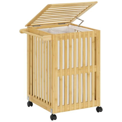 HOOBRO Laundry Hamper with Lid and Wheels, 120 L (31Gal) Double Laundry Basket, Bamboo Clothes Hamper with Handles and Removable Liner, for Laundry Room, Bathroom, Bedroom, Natural YL60XY01