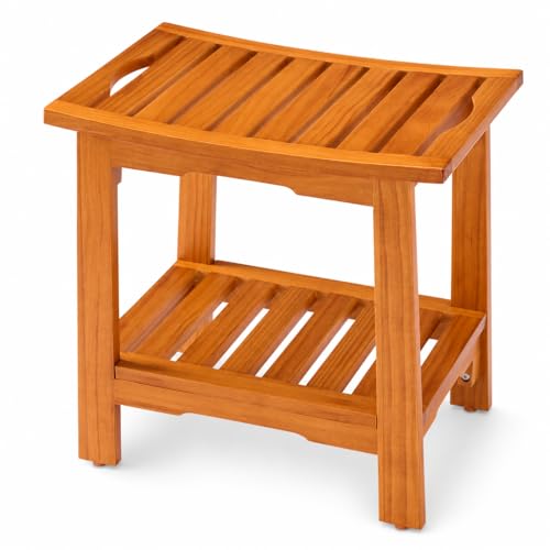 Simple Deluxe Teak Shower Bench, 18" Wood Shower Bench with Shelf, Waterproof Shower Stool for Inside Shower, Bath Chair for Bathroom, Tubs & Outdoor Use, 250LBS - size: 18"