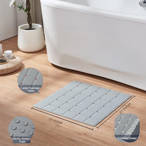 Webos Anti Slip Shower Mat for Tub & Shower Stall, 21" x 21" Square Silicone Bathtub Mat with Powerful Suction Cups, Fast-Draining, Machine Washable Soft Foldable Bathroom Mat, Grey - color: Grey, size: 21" x 21" (Square)