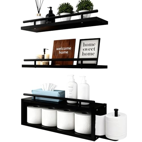 Wooden Floating Shelves with Paper Towel Holder for Bathroom Wall Storage | Bathroom Wall Shelf with Metal Rail, Wall Mount with Hardware, Over-The-Toilet Space Saver, Bedroom Kitchen Living Room Decor
