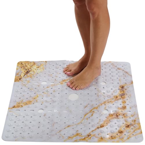 ENKOSI Square Shower Mat 27x27 inch - Anti Slip Shower Stall Floor Mat - Non Slip Shower Mats with Strong Secure Suction Cups and Drain Holes in Middle (27x27 Marble White Gold) - color: Marble White Gold