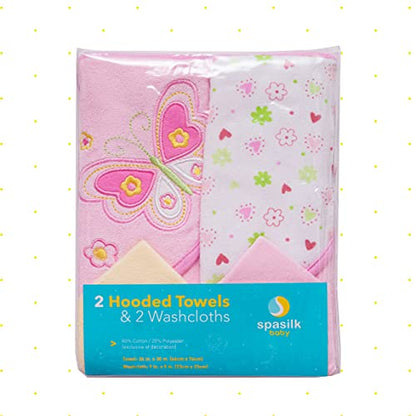 Spasilk Bath Hooded Towels & Washcloths Set for Babies, 2 Hooded Terry Bath Towels & 2 Washcloths, Pink Butterfly - color: Pink Butterfly