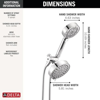 Delta Round 2-in-1 Dual Shower Head with 4-Setting HandHeld Spray, Chrome Detachable Double Shower Head with Hose, Showerhead, 1.75 GPM Flow Rate, Chrome 75756 - color: Chrome