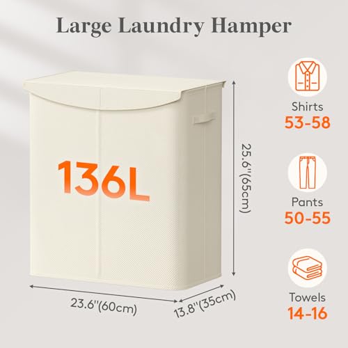 Lifewit 136L Double Laundry Hamper, 2 Sections Large Laundry Basket with Lid and Removable Bag, Divided Dirty Clothes Hamper in Bedroom Bathroom Dorm College, White