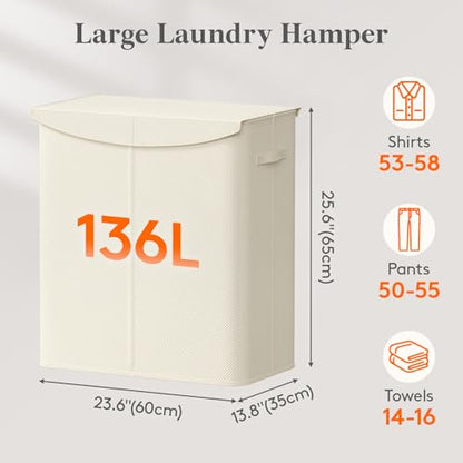 Lifewit 136L Double Laundry Hamper, 2 Sections Large Laundry Basket with Lid and Removable Bag, Divided Dirty Clothes Hamper in Bedroom Bathroom Dorm College, White