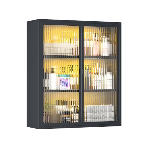 Bathroom Medicine Cabinet with Glass Doors & Sensor LED Lights, Over Toilet Bathroom Organizer, Space-Saving Wall-Mounted Storage for Living Room, Kitchen, Laundry Room (23.6" W x 27.6" H) - color: Black, style: New Style