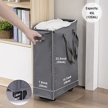 45L Slim Rolling Laundry Basket with Wheels & Adjustable Long Handles, Grey | Small Laundry Baskets with Mesh Top, Narrow Dirty Clothes Hamper for Bedroom, Closet, and Bathroom - color: Gray - Rolling, size: 45L
