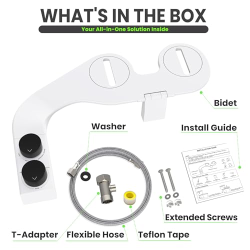 Toilet Bidet With Left/Right Side Reversible Design, Fresh Water, Non-Electric, Toilet Bidet Attachment, Right/Left Hand Side with Dual Nozzle, Self-Clean, Easy to Install (Black Knob)