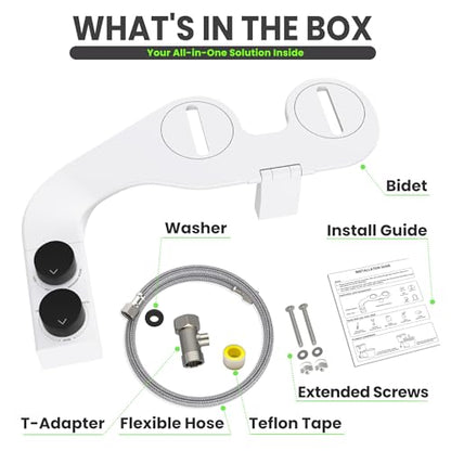 Toilet Bidet With Left/Right Side Reversible Design, Fresh Water, Non-Electric, Toilet Bidet Attachment, Right/Left Hand Side with Dual Nozzle, Self-Clean, Easy to Install (Black Knob)
