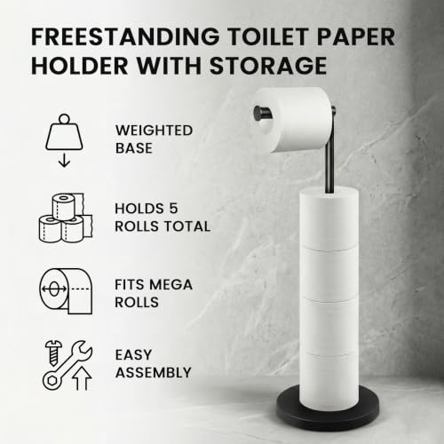 Cesun Free Standing Toilet Paper Holder Stand with Weighted Base, Black | SUS304 Rustproof Steel | Thick Non-Slip Base | Swivel Pivot Design | Slim Footprint | Holds 5 Rolls - color: Black