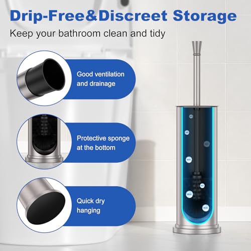 304 Stainless Steel Heavy Duty Toilet Bowl Brush，Removable Inner Bowl and Splash Protection，Bathroom Toilet Brush-Dense Bristles for Through Cleaning - color: Nickel