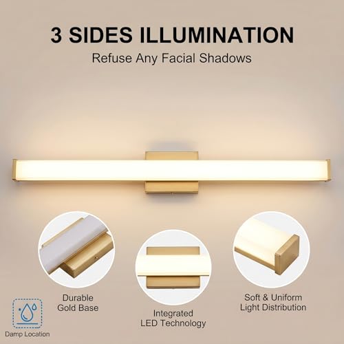 URSOLA 36" Modern LED Bathroom Light Fixtures, Golden 3CCT Dimmable Bathroom Vanity Light Over Mirror, Bathroom Vanity Bath Bar Lights with Double Layer Acrylic Shade - color: Golden, size: 36inch