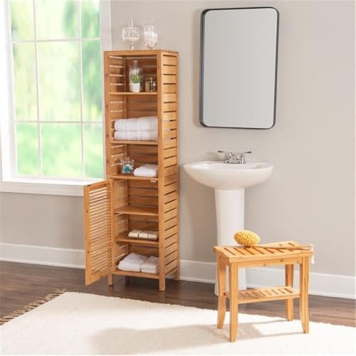 Pemberly Row Tall Bamboo Linen Cabinet, 61.75 in Height, 6-Shelf Tower, Natural Brown Finish, Solid Bamboo Construction, Versatile Storage for Bathroom or Home Organization