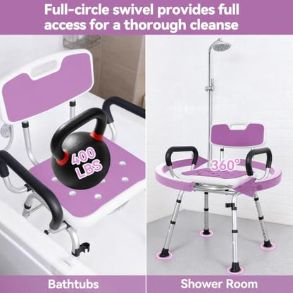 Swivel Shower Chair with Removable Arms and Back, 400 lbs | Adjustable Height Shower Seats for Inside Shower or Tub, Non-Slip Shower Stool, Safety Bath Seat for Elderly and Disabled - color: Purple