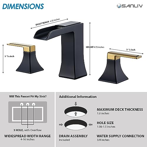 Two-Tone Black and Gold Bathroom Faucet, Sanliv 2-Handle Widespread Bathroom Faucet for 3-Hole Sinks 4-8 Inch, 3-Piece Waterfall Vanity Faucets with Pop-Up Drain, Black and Gold - color: Black and Gold