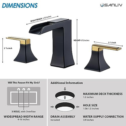 Two-Tone Black and Gold Bathroom Faucet, Sanliv 2-Handle Widespread Bathroom Faucet for 3-Hole Sinks 4-8 Inch, 3-Piece Waterfall Vanity Faucets with Pop-Up Drain, Black and Gold - color: Black and Gold