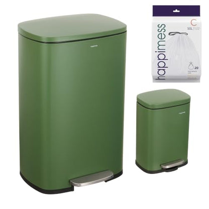 happimess Connor 2-Piece Iron Trash Can, Pine Green | 13.2 And 1.3 Gallons, Rectangular, Soft-Close Lid, Step Pedal, 20 Liners, 26" And 12" Height - color: Pine Green