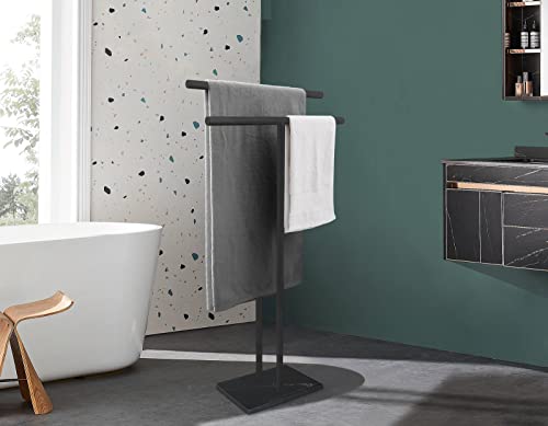 40 Inch Freestanding Towel Rack for Bathroom Floor Double-T Shape Bath Sheet Holder with Marble Design Base Standing Towel bar Next to Tub or Shower Towel Holder Stand SUS304 Matte Black - color: Matte Black