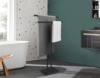 40 Inch Freestanding Towel Rack for Bathroom Floor Double-T Shape Bath Sheet Holder with Marble Design Base Standing Towel bar Next to Tub or Shower Towel Holder Stand SUS304 Matte Black - color: Matte Black