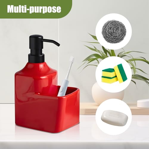 Gets Soap Dispenser Red Ceramic Pump Bottle with Storage Holder | Countertop Liquid Hand Wash Bottle with Organizer Tray for Bathroom, Kitchen, Refillable Modern Dispenser for Vanity Sink - size: Red With Sponge Holder