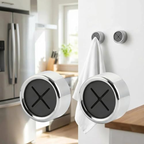 Round Adhesive Push Towel Hooks for Kitchen & Bathroom, Grey, 2 Pack – Self Adhesive Wall Hooks for Hand & Dish Towels, No Drill or Screw Mount Options